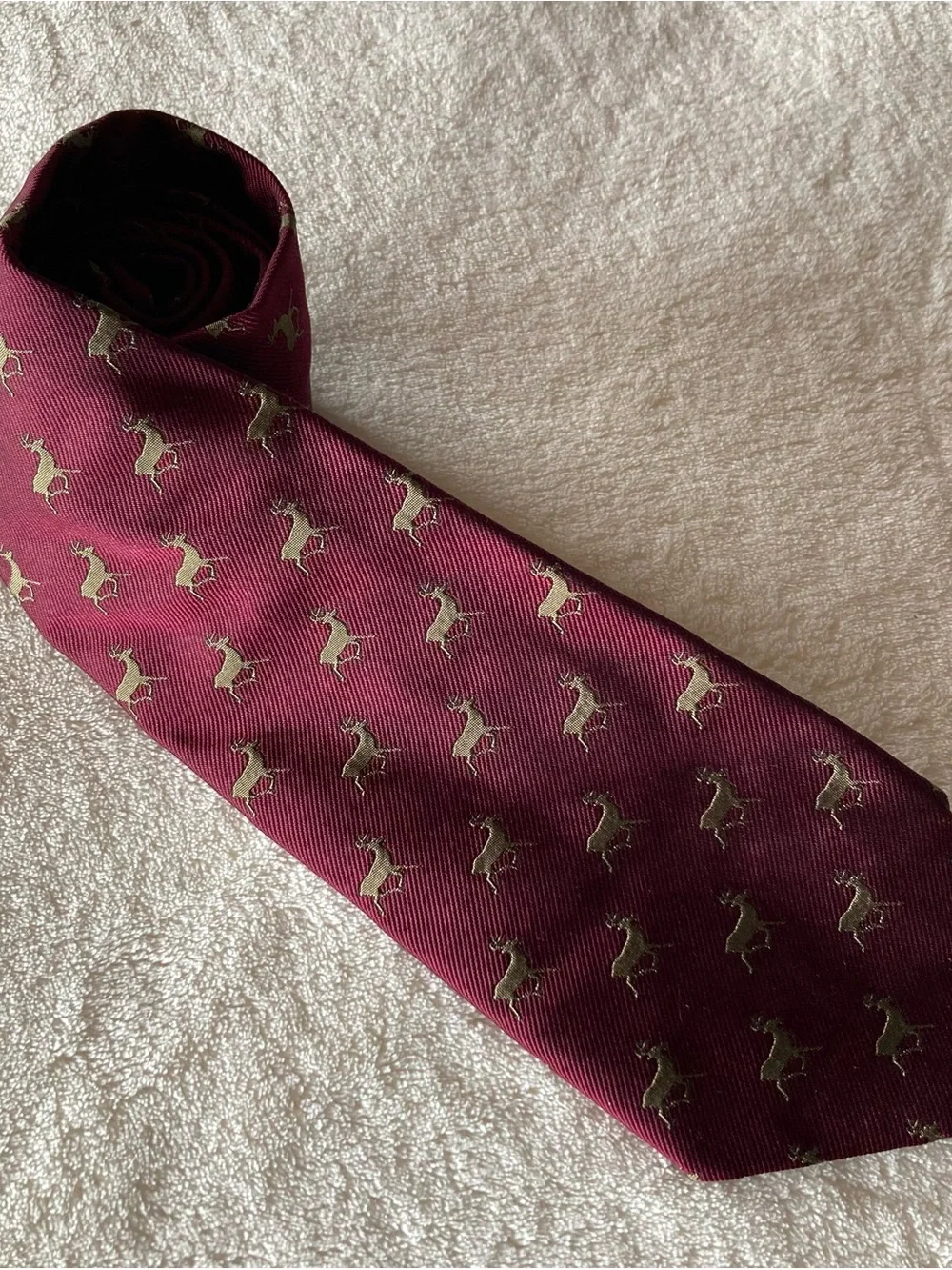 Vintage Polo Ralph Lauren Mens 100% Silk Tie Burgundy/Gold Deer Print Logo Italy